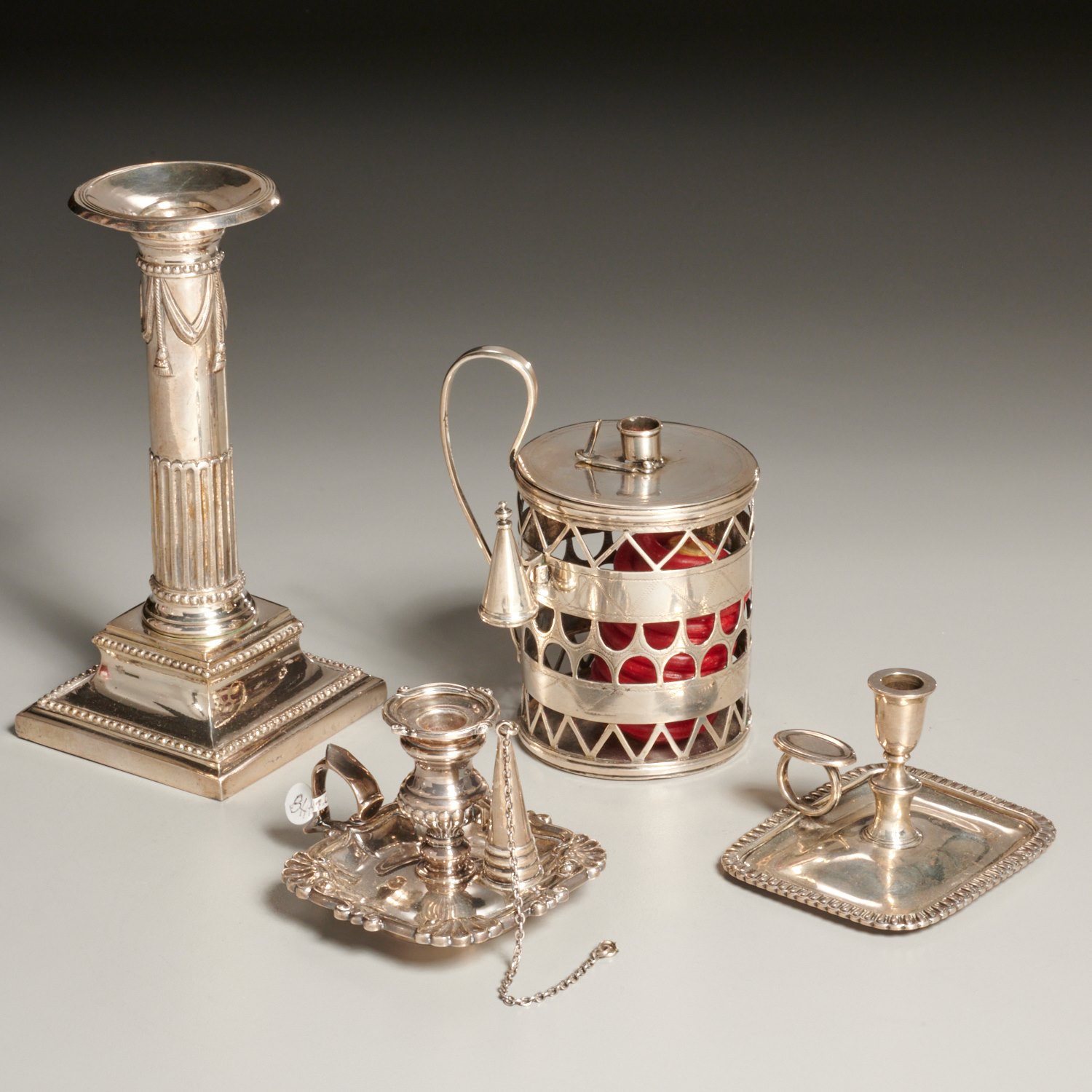 Appraisal: SILVER BOUGIE BOX CHAMBER STICKS AND CANDLESTICK th th c