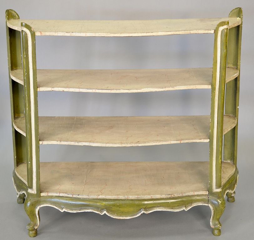 Appraisal: Louis XV style dwarf open bookcase green and cream painted