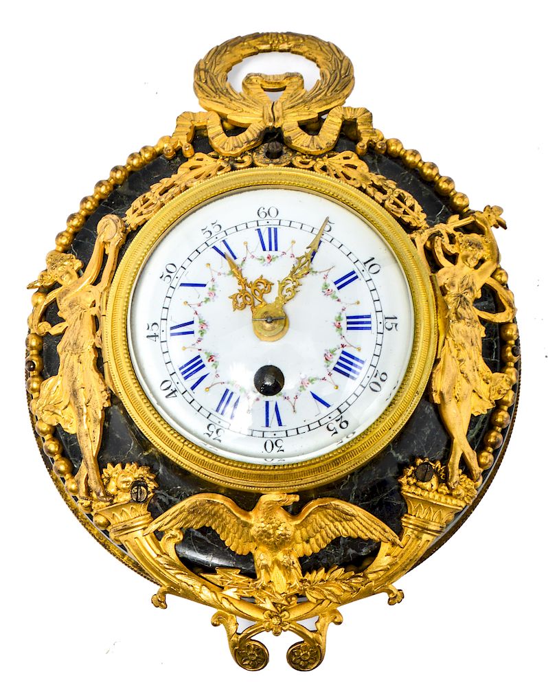 Appraisal: French Gilt-Bronze Marble Enamel Dial Table Clock French gilt-bronze figurative