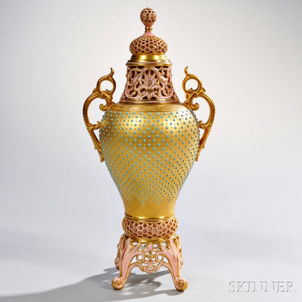 Appraisal: Jeweled Coalport Porcelain Vase and Cover England late th century