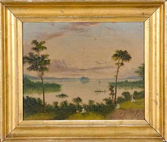 Appraisal: British school th century LAKE SCENE WITH FIGURES oil on