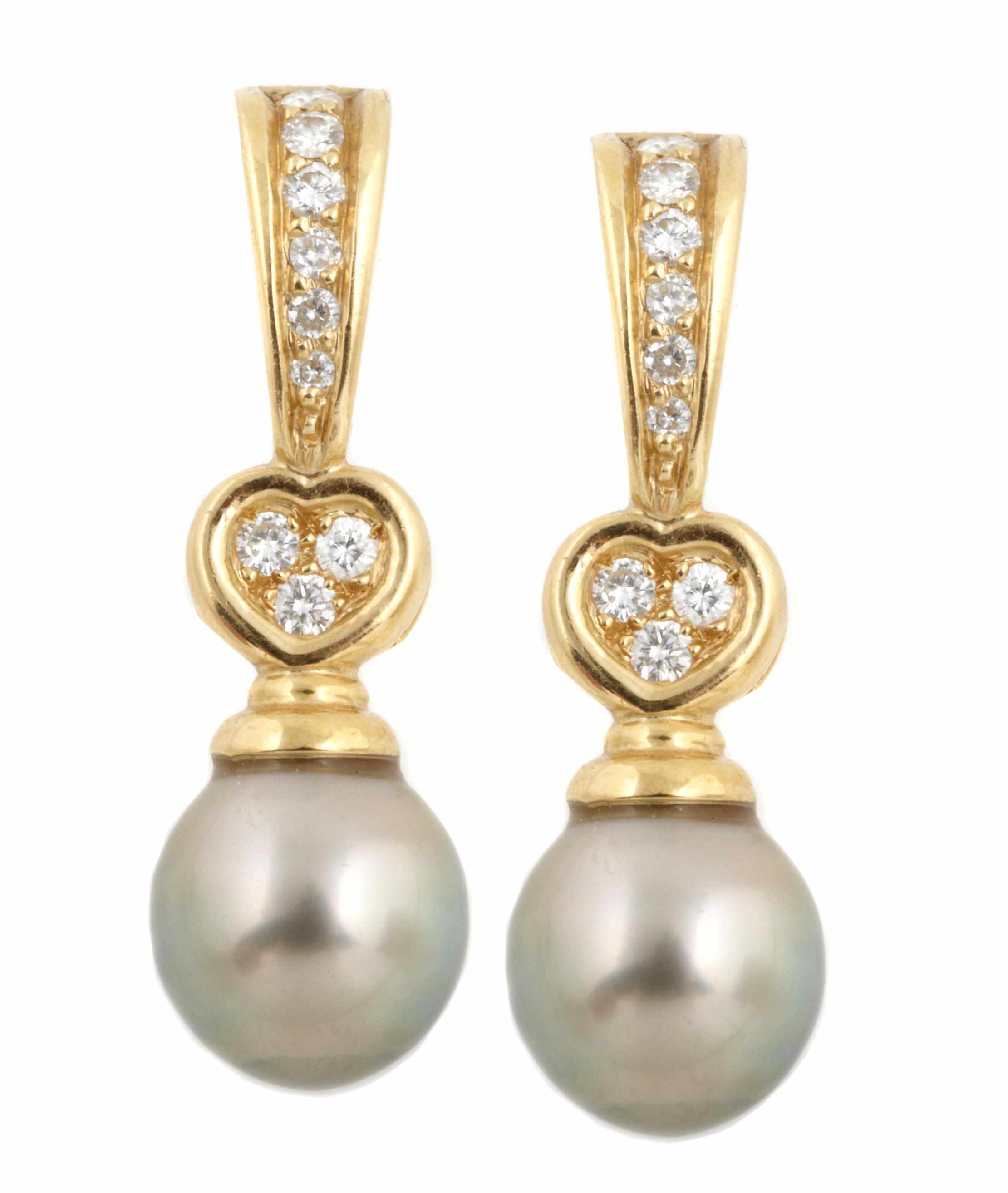 Appraisal: A pair of colored cultured pearl diamond and gold earrings