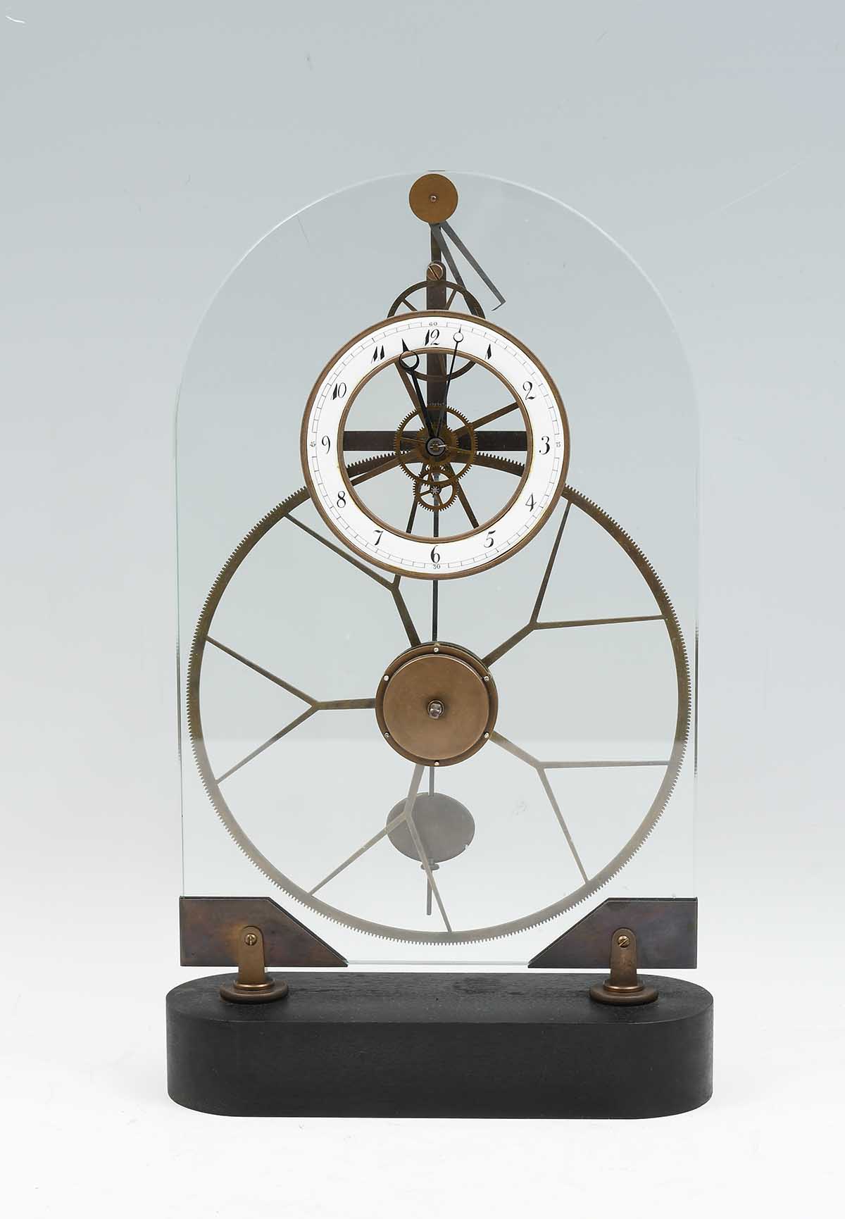 Appraisal: FRENCH GREAT WHEEL SKELETON CLOCK exposed brass movement on a