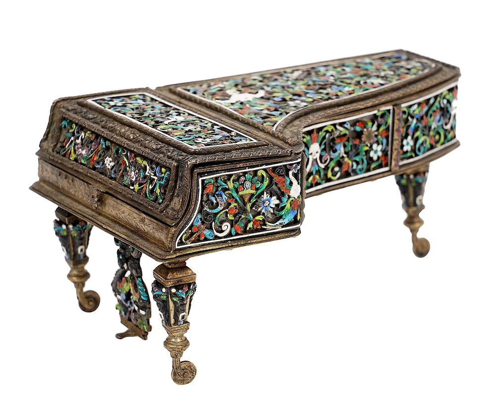 Appraisal: Continental Silver Jewel Enamel Necessaire Piano Unusual th Century Continental