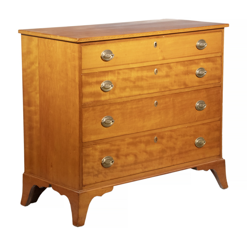 Appraisal: COUNTRY HEPPLEWHITE FOUR-DRAWER CHEST IN CHERRY Chest with overhanging top