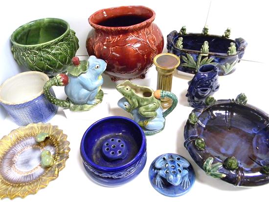 Appraisal: Glazed pottery including blue glazed flower frog stamped Weller with