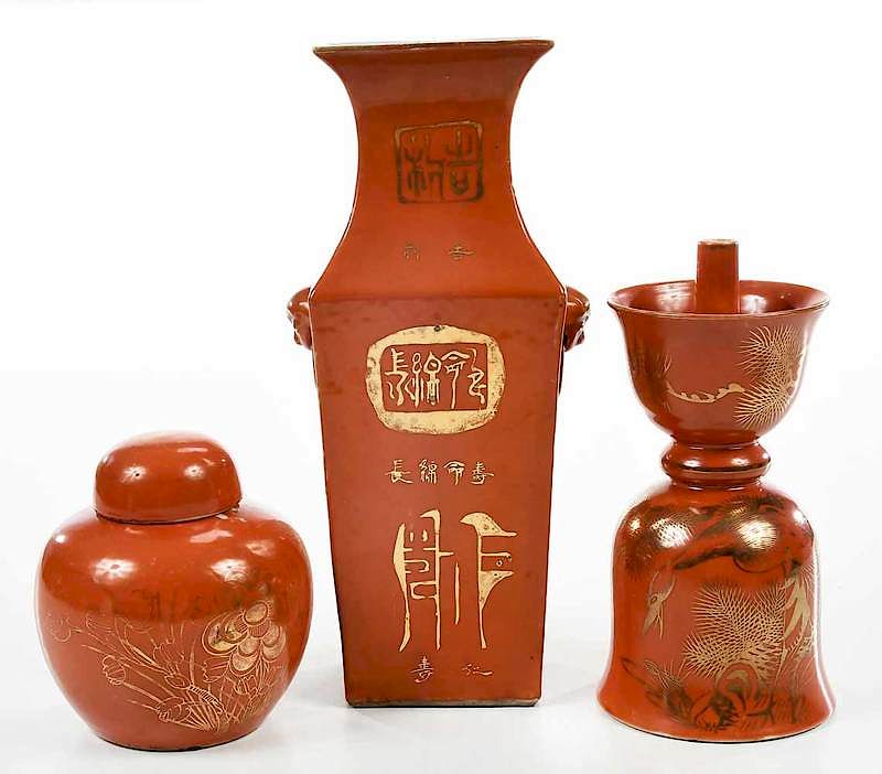 Appraisal: Three Chinese Orange and Gilt Table Objects porcelain red orange