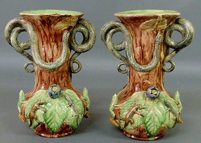 Appraisal: Pair of Portuguese Palissy-type vases by M Mafra Caldas Portugal