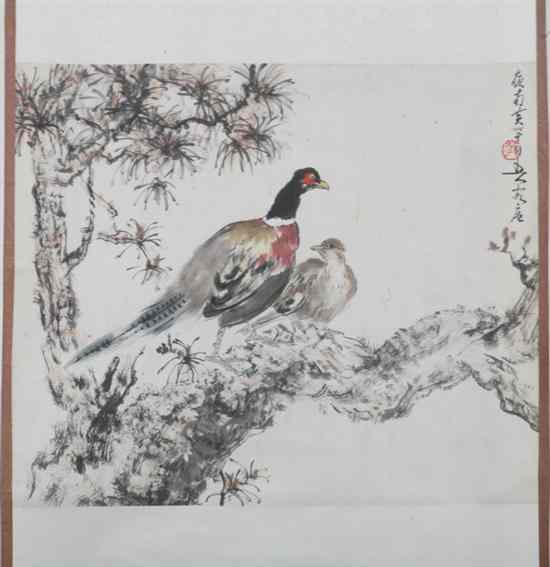 Appraisal: CHINESE SCHOOL BIRDS PERCHED ON TREE BRANCH Ink and color