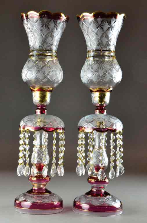 Appraisal: Pr Victorian Cut Glass Luster Lamps with ShadesCut glass Victorian