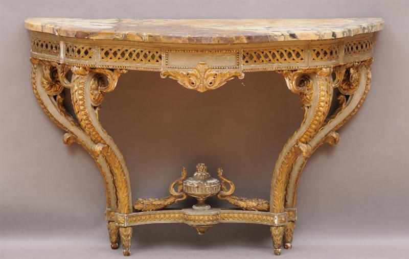 Appraisal: LOUIS XVI STYLE CARVED PAINTED AND PARCEL-GILT CONSOLE TABLE The