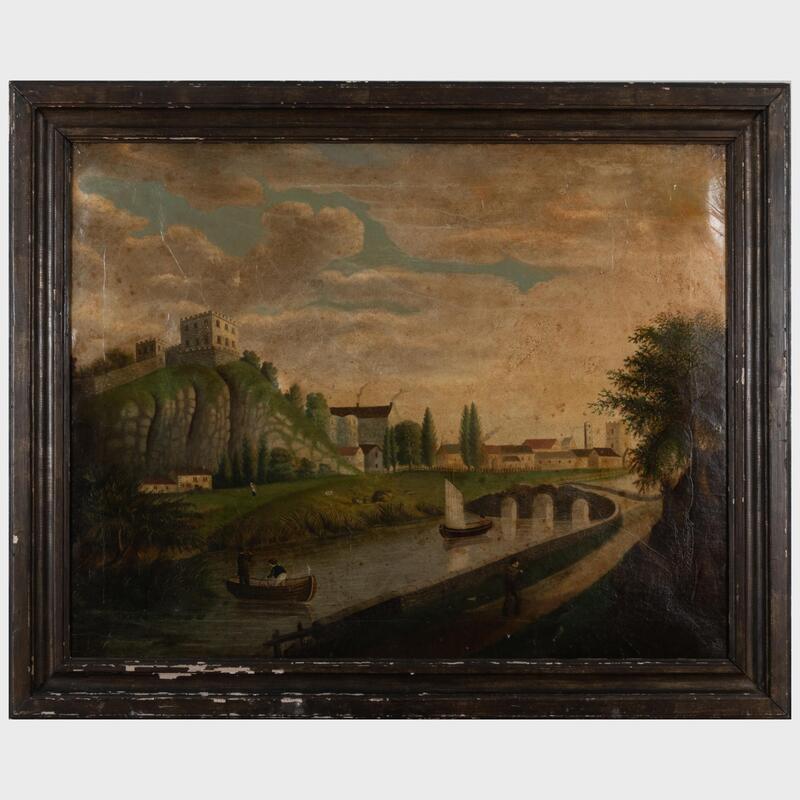 Appraisal: European School Canal Scene with Boaters Oil on canvas unsigned