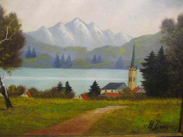 Appraisal: H Baxmann Oil European landscapewith home among a lake mountainous