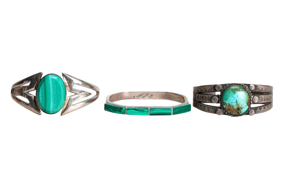 Appraisal: THREE ASSORTED MEXICAN STERLING STONE BANGLEScomprising two with malachite and