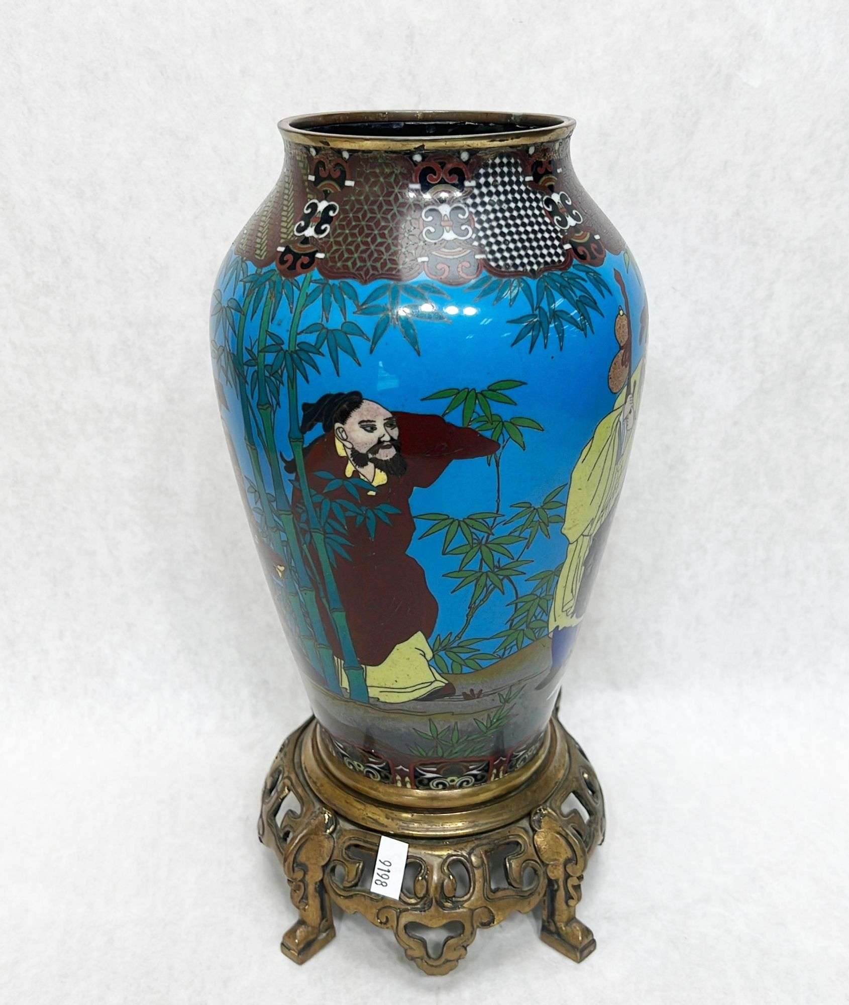 Appraisal: Japanese Meiji Period Cloisonne Vase with Figures tall bronze base