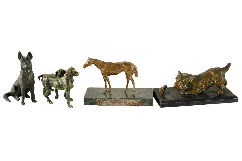 Appraisal: FOUR BRONZE ANIMAL FIGUREScomprising one dog group signed Tiffany Studios