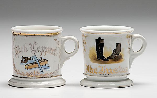 Appraisal: TWO OCCUPATIONAL SHAVING MUGS COBBLER AND CARPENTER two porcelain shaving