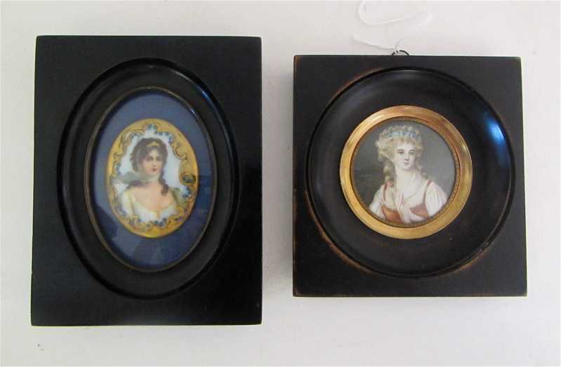 Appraisal: TWO MINIATURE OIL PORTRAIT PAINTINGS of young Victorian beauties with