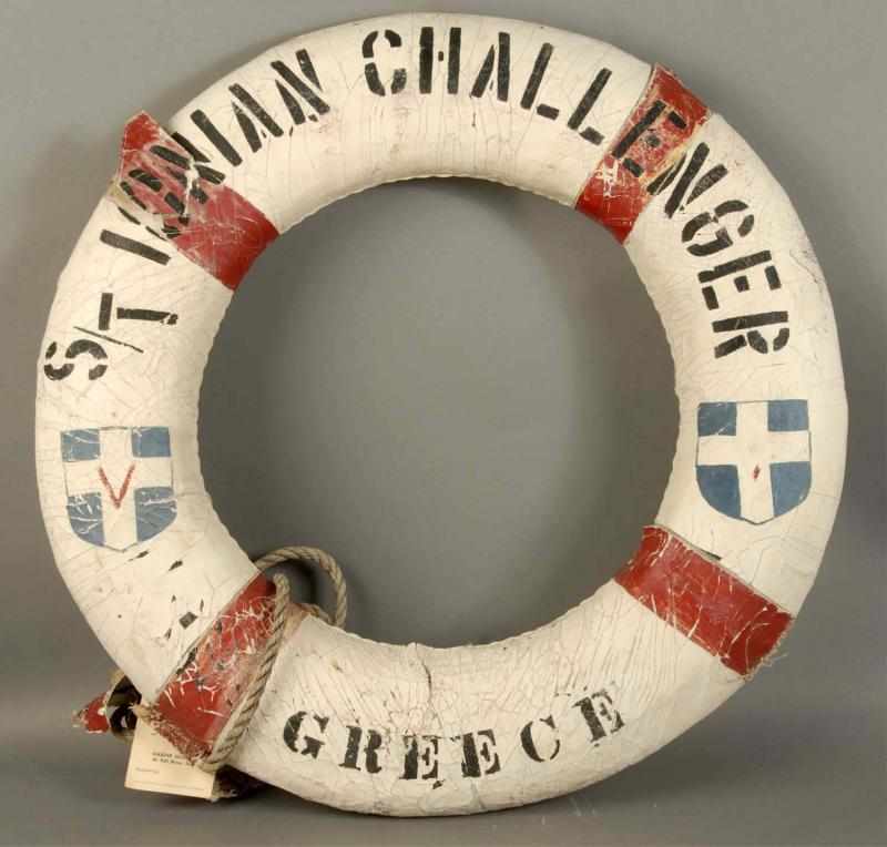 Appraisal: Ionian Challenger-Greek Line Life Ring Description Moderate paint loss and