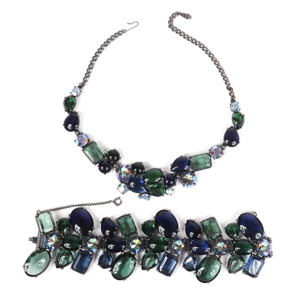 Appraisal: GORGEOUS SCHIAPARELLI PC DEEP COBALT BLUE MOSS GREEN DEMI PARURE