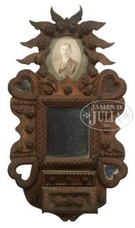 Appraisal: FABULOUS TRAMP ART WALL MIRROR WITH DRAWER ATTRIBUTED TO JOHN