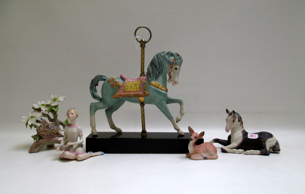 Appraisal: FIVE CYBIS PORCELAIN FIGURINES Carousel Horse mounted on wood plinth