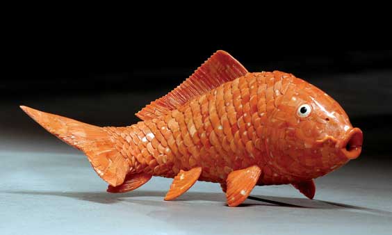 Appraisal: APPLIQU CORAL CARP Very charming and beautifully modeled Chinese sectional