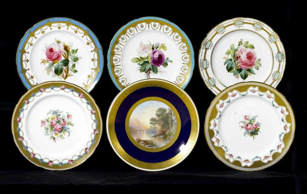 Appraisal: SIX MINTON PLATES one painted with a Turneresque landscape signed