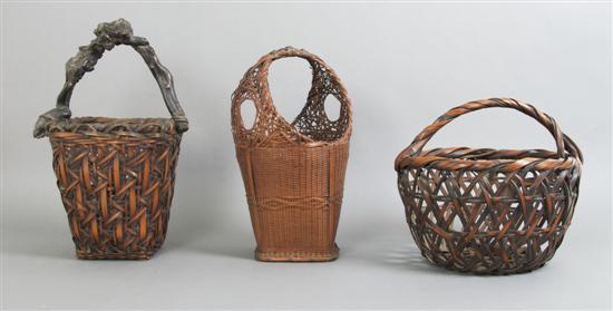 Appraisal: A Group of Three Japanese Bamboo Baskets Height of tallest