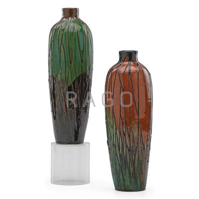 Appraisal: MAX LAEUGER - Two vases squeezebag-decorated with stylized roots Germany