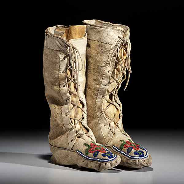 Appraisal: Cree Beaded Hide Hightop Moccasins thread and sinew-sewn and beaded