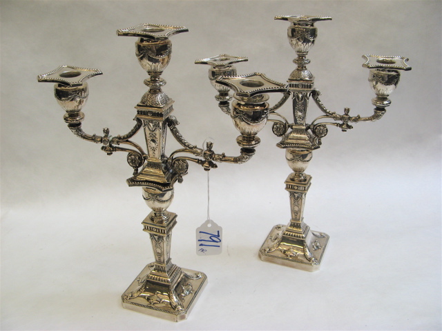 Appraisal: PAIR SHEFFIELD SILVER PLATED CANDELABRA three light convertible to single