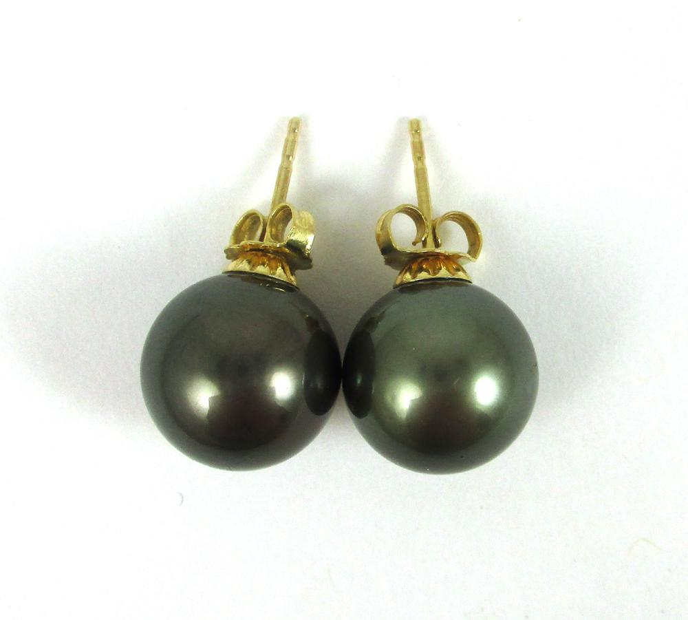 Appraisal: PAIR OF TAHITIAN BLACK PEARL EAR STUDS each with a