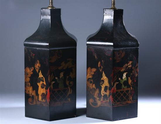 Appraisal: PAIR CHINOISERIE-DECORATED TOLEWARE TEA CANISTERS th century Mounted as lamps