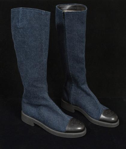 Appraisal: Denim Chanel boots contemporary Side-zip flat-heel calf-high boots in dark