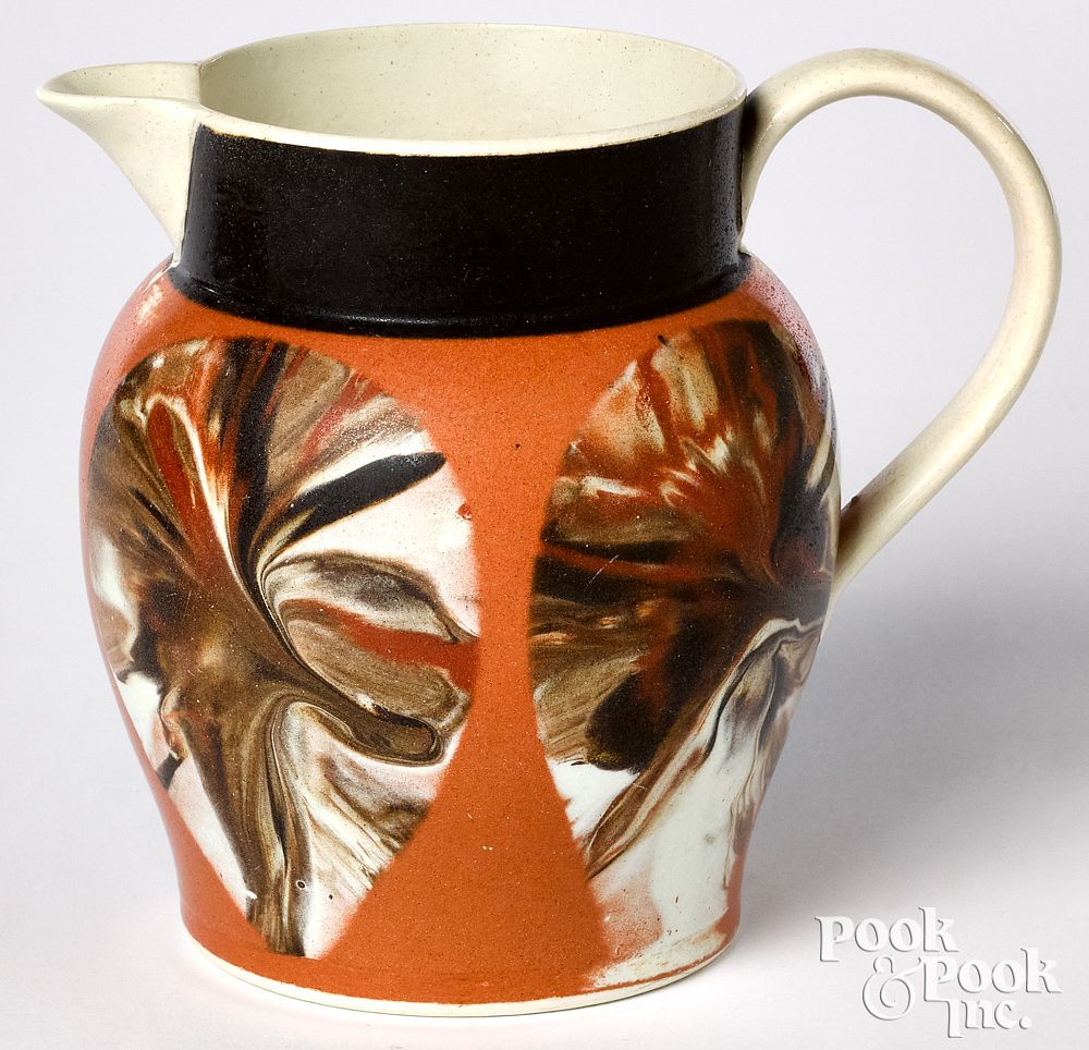 Appraisal: Mocha pitcher Mocha pitcher with fan decoration h Provenance A