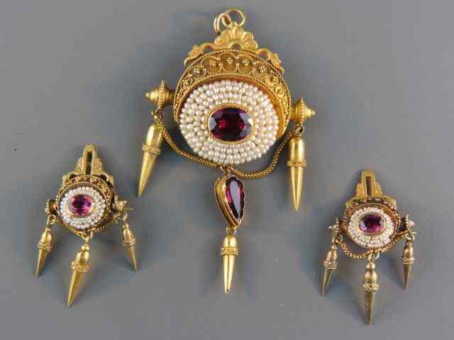 Appraisal: Victorian Garnet Seed Pearls Jewelry includes large pendant together with