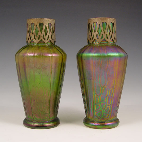 Appraisal: PAIR BOHEMIAN IRIDESCENT ART GLASS VASES Attrib to Loetz or