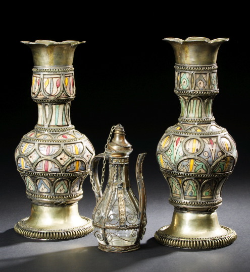 Appraisal: Pair of Persian Nickel Silver-Mounted Pottery Garniture Vases with petaled