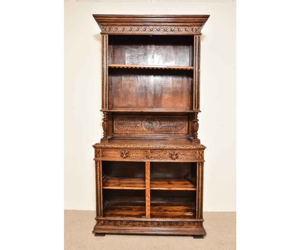 Appraisal: Oak two-piece open shelf cupboard from Stoudt's lobby dining room