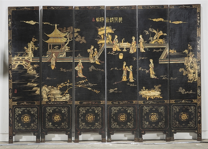 Appraisal: Chinese panted six panel wood screen depicting court ladies with