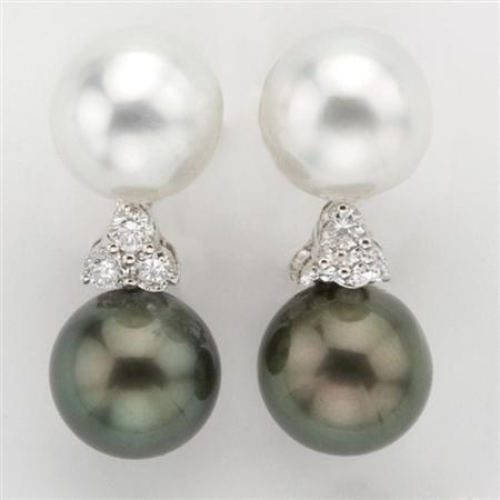 Appraisal: Pair of White and Black Cultured Pearl and Diamond Pendant-Earrings