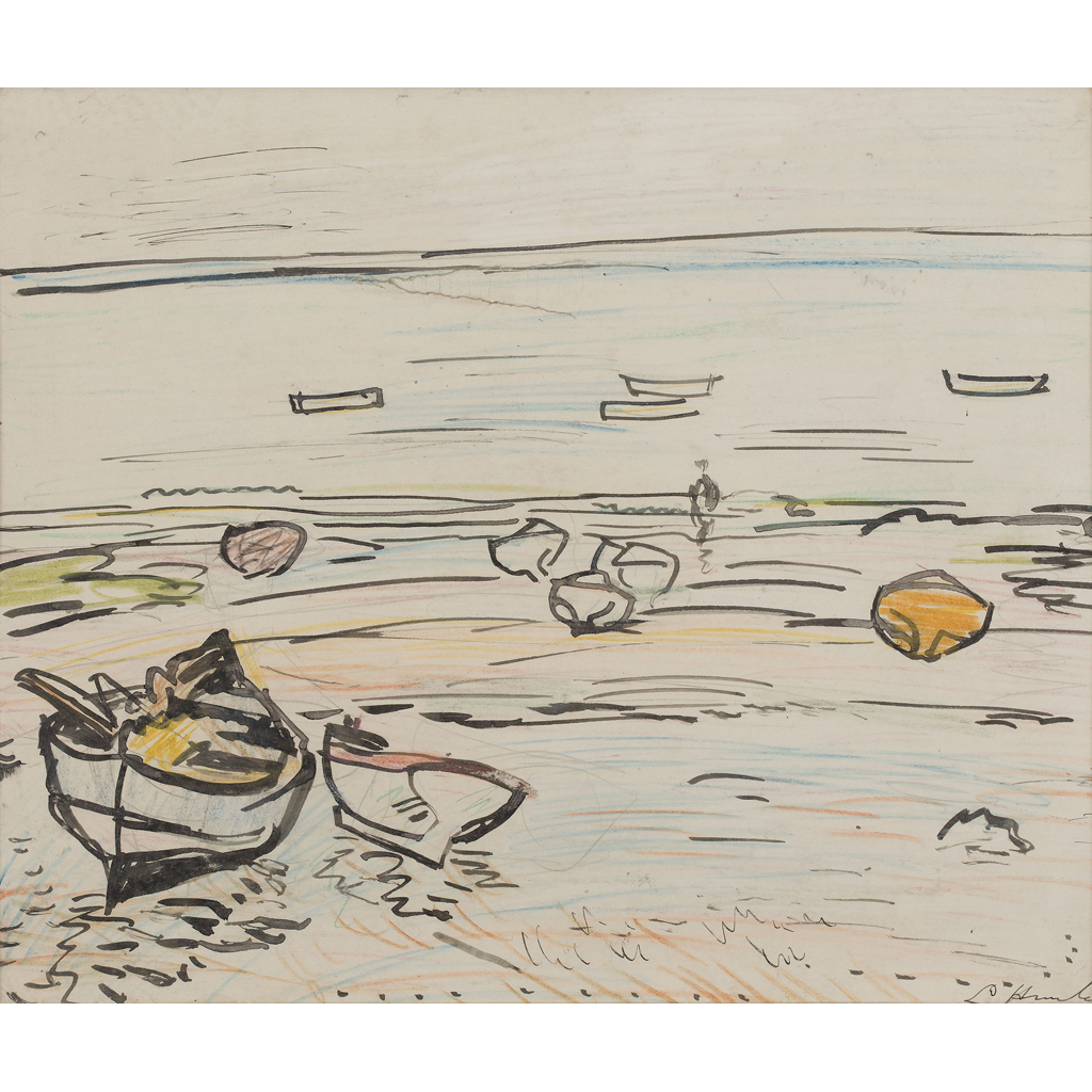 Appraisal: GEORGE LESLIE HUNTER SCOTTISH - ROWING BOATS AT LOW TIDE