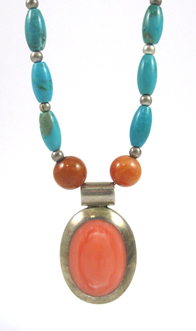 Appraisal: TURQUOISE CORAL AND STERLING SILVER NECKLACE measuring - inches in