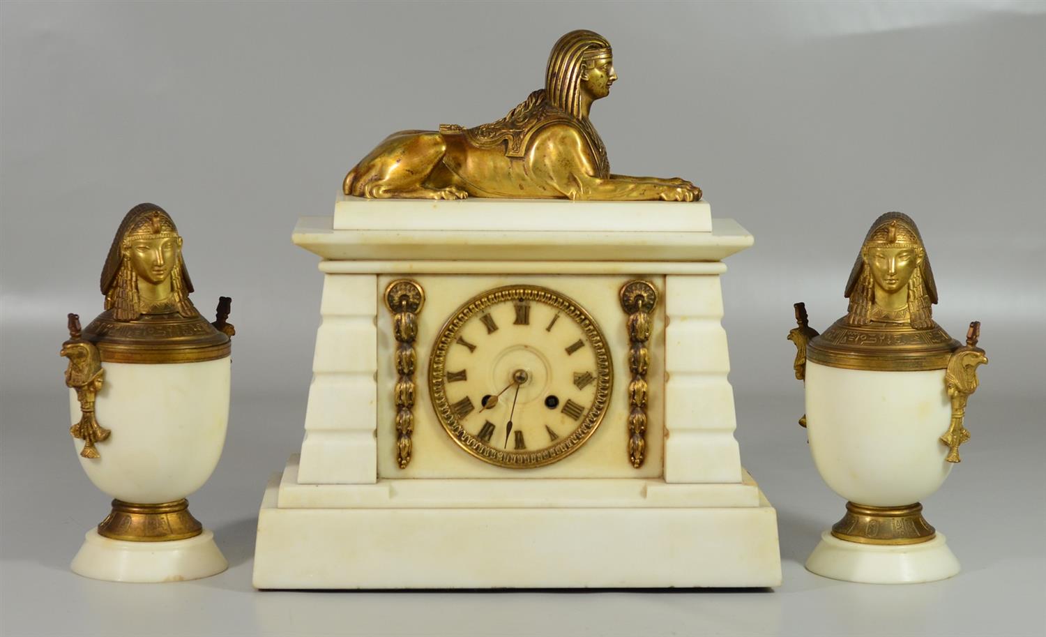 Appraisal: -Piece French Gilt Bronze and White Marble Egyptian Revival Clock