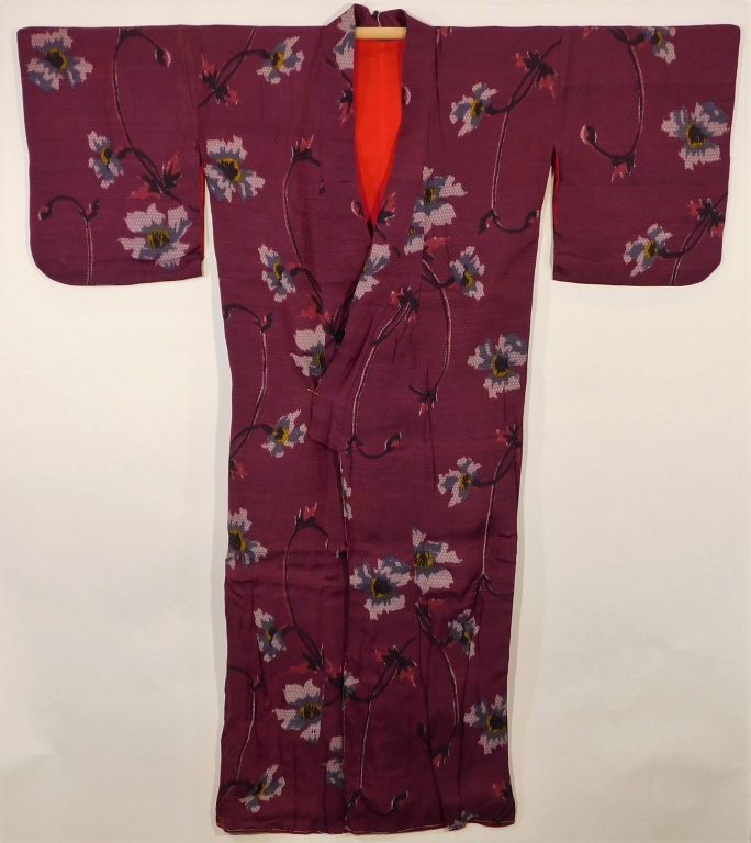 Appraisal: JAPANESE FLORAL MAROON TOMESODE KIMONO Japan - th CenturyRichly colored