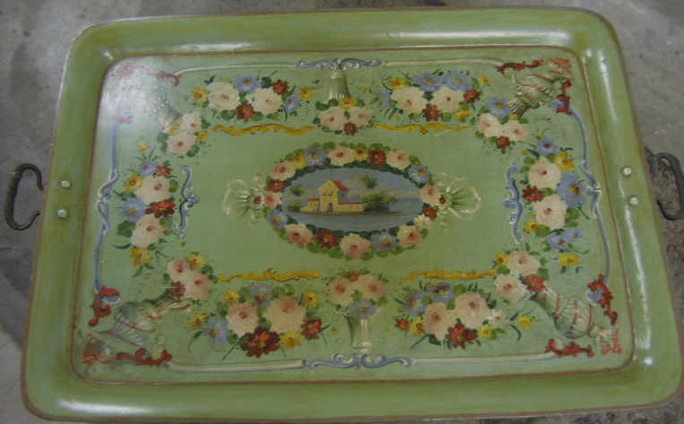 Appraisal: VICTORIAN PAINTED METAL SERVING TRAY Rectangular two-handled with polychrome scenic