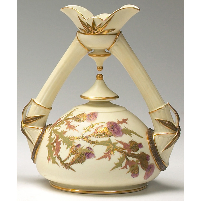 Appraisal: Royal Worcester vase double handled form that meets to one