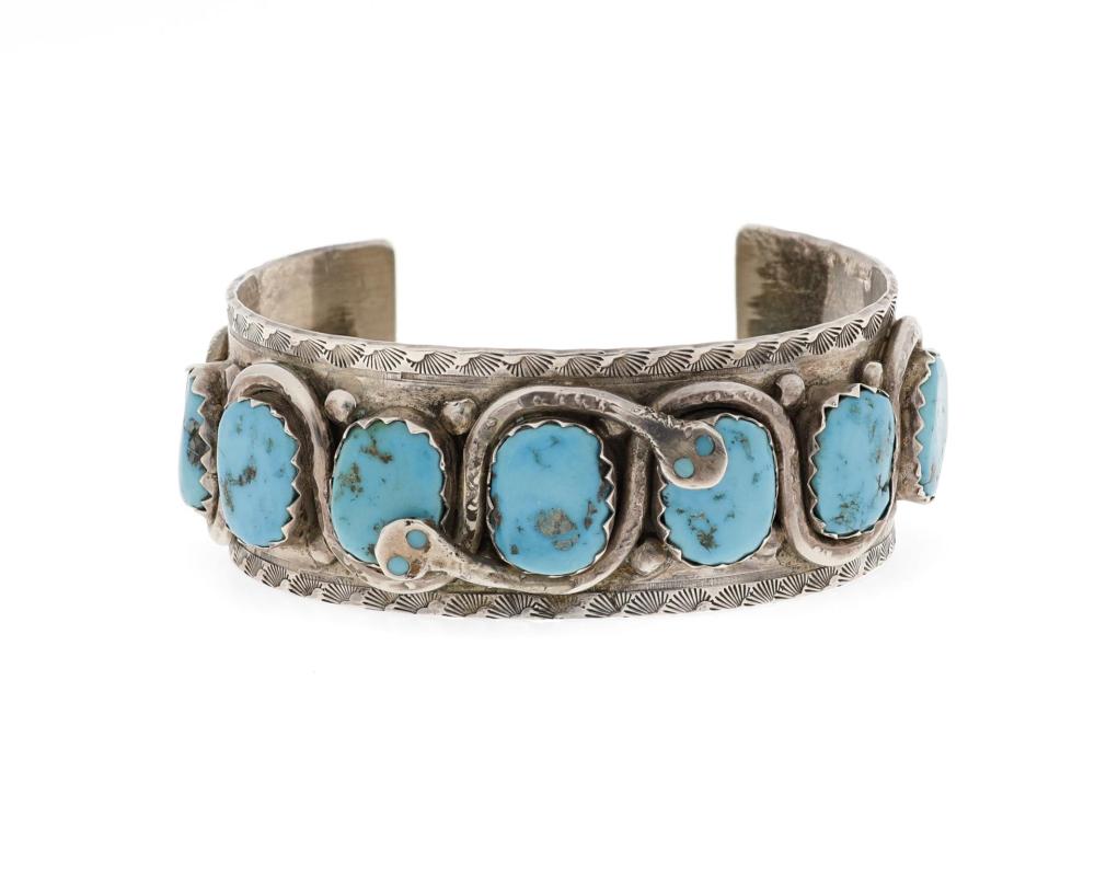 Appraisal: An Effie Calavaza Zuni turquoise and silver cuff bracelet th