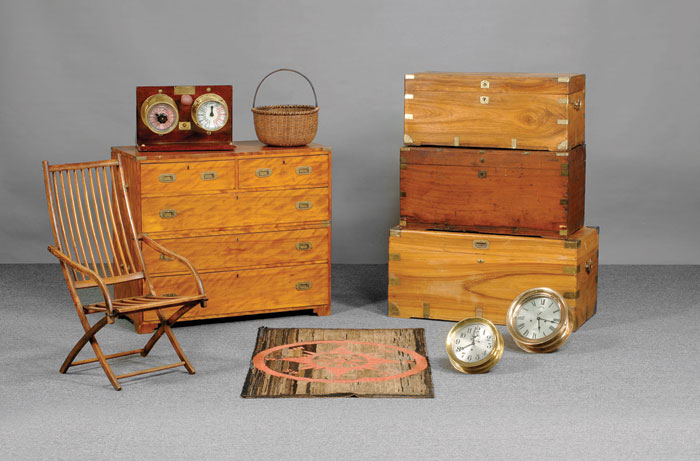 Appraisal: BRITISH BRASS-BOUND SATINWOOD CAMPAIGN CHEST OF DRAWERS In two parts